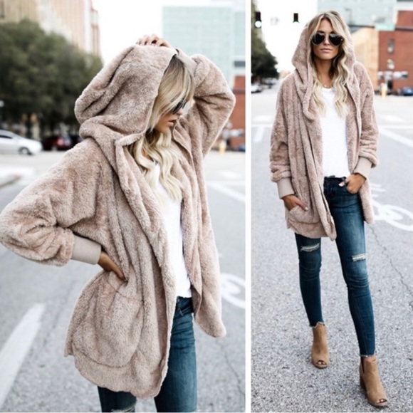 Tan Super Soft Cozy Pocket Hood Sherpa Lightweight Fleece Teddy Cardigan Coat - Picture 6 of 11
